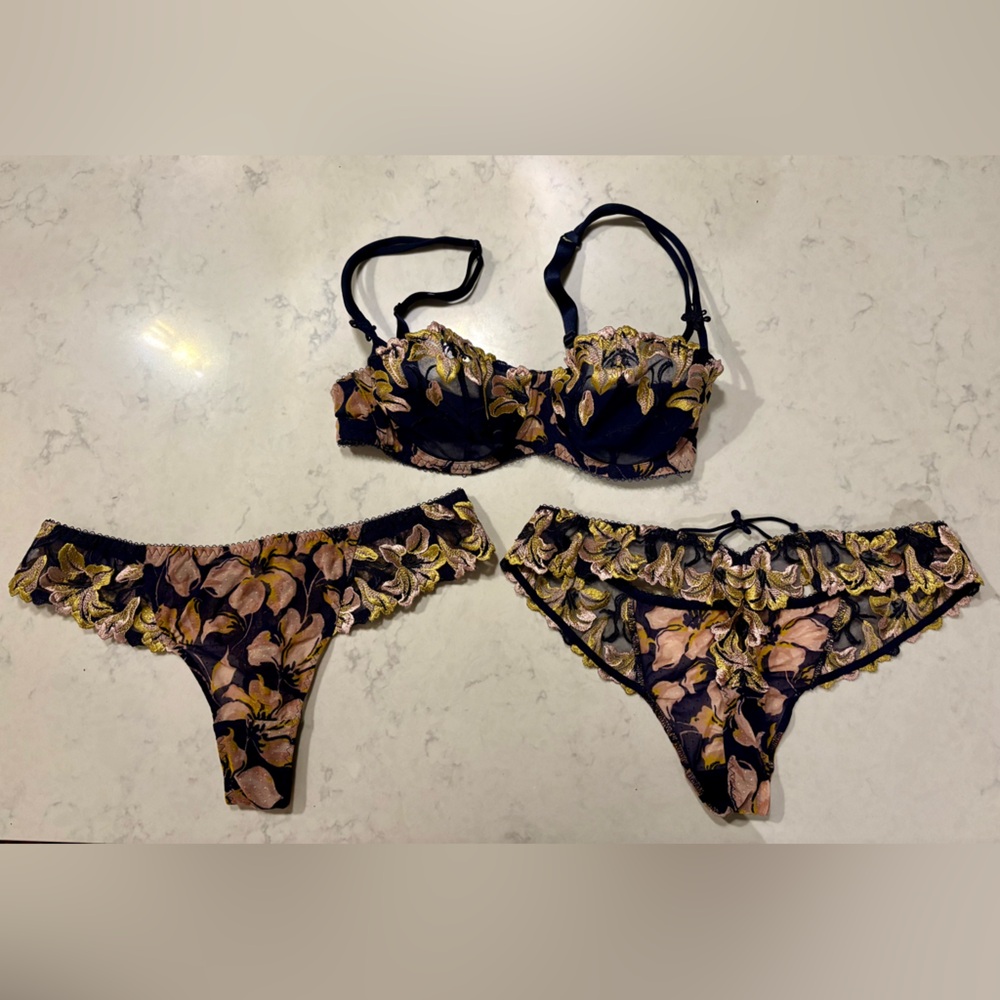 Aubade Balconette Navy and Gold Floral Leaf Lace Bra Set - 30 DDD / E